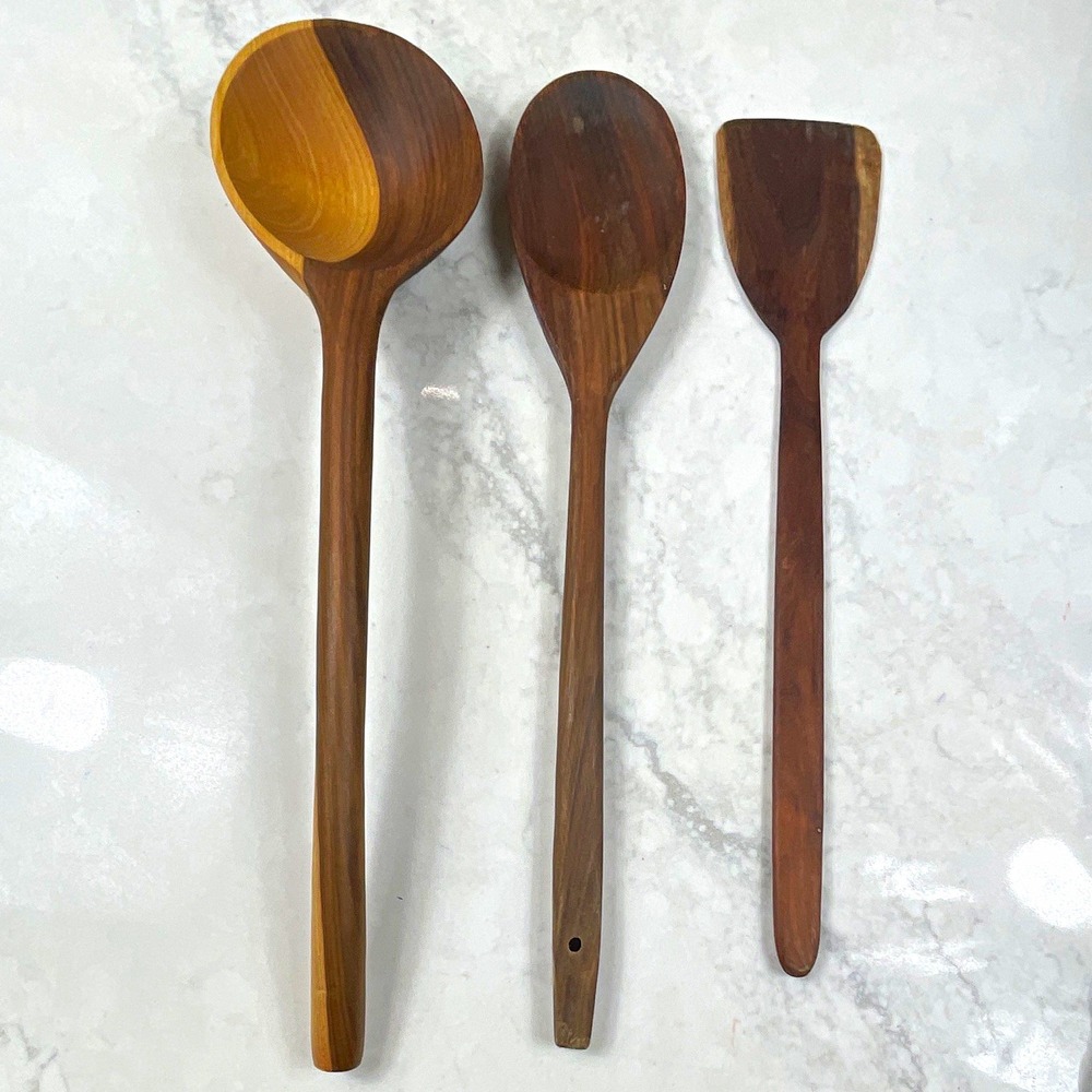 3-Piece Wooden Cooking Utensil Set Spoon & Spatula Brown w/ Hanging Hole